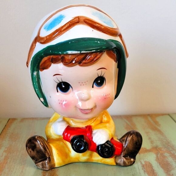 Vintage Freckled Little Boy with Helmet, Goggles, & Red Car Planter - 1960's - Picture 1 of 16